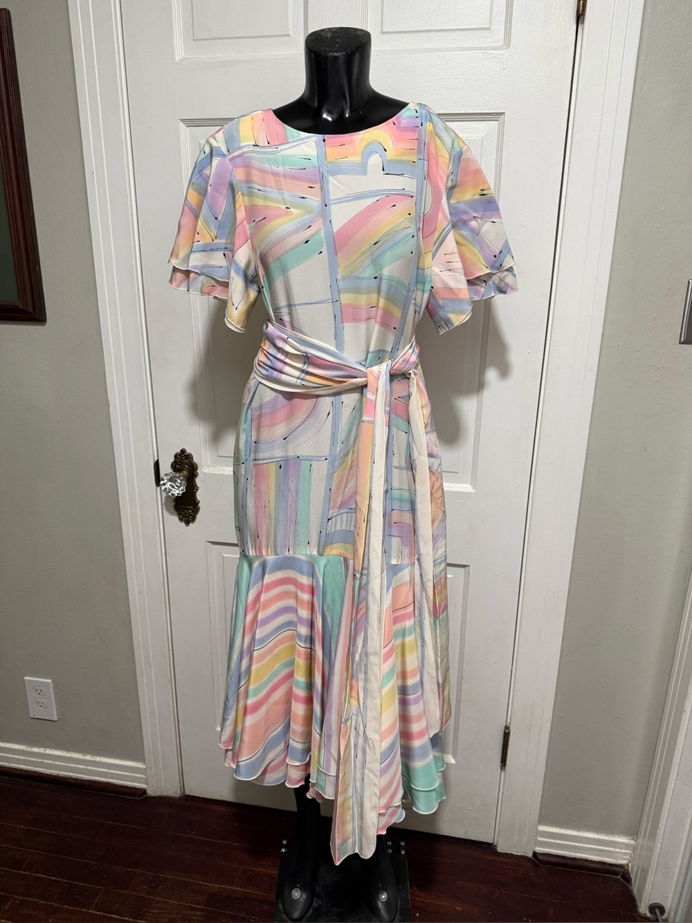 Vintage 1990s Pastel Abstract Long Short Sleeve Dress Size 10 With Belt Ruffle